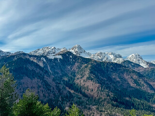 Panoramic view of snow capped mountain peaks of Julian Alps seen from Monte Nebria Cima Est, Friuli...
