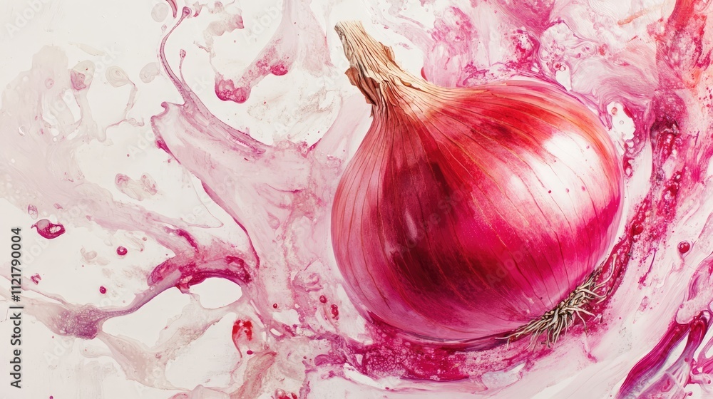 Poster vibrant ripe red onion surrounded by splashes of color on a white background showcasing freshness an