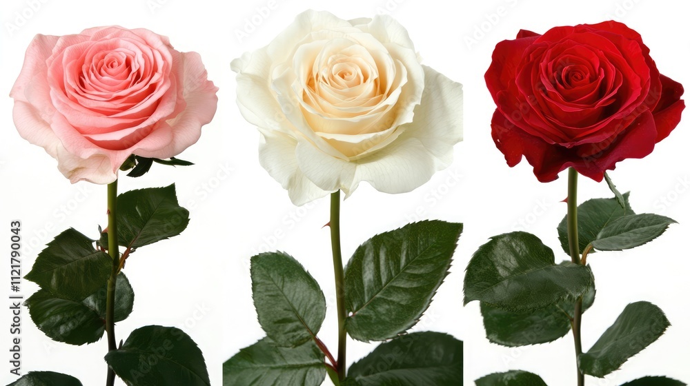 Aufkleber Elegant composition of red, white, and pink roses on a white background with ample copy space for design and text integration.