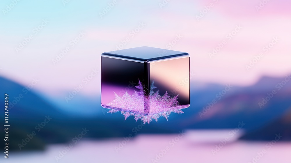 Poster a reflective cube with icy patterns against a soft landscape backdrop.