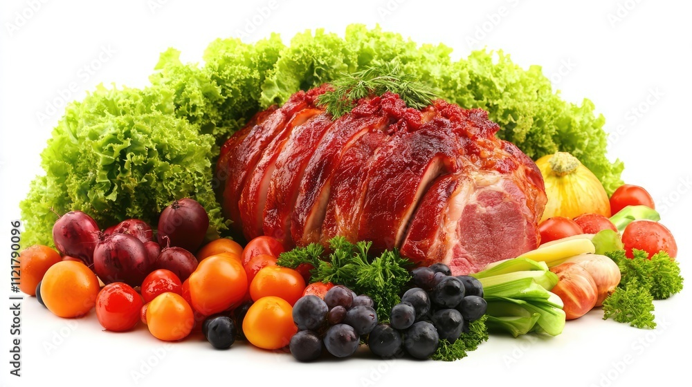 Poster Roast pork surrounded by fresh vegetables on a white background showcasing a colorful and appetizing display