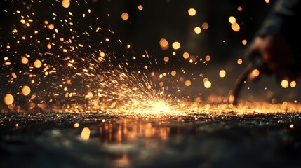 Steelworker using a cutter to slice through iron with sparks flying in an industrial environment showcasing craftsmanship and precision