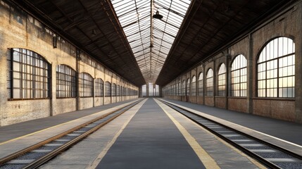 Fototapeta premium Industrial interior of a spacious hall featuring steel beams and large glass windows with solar panels integrated into the roof structure