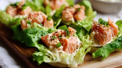 Salmon cream cheese rolls wrapped in crisp lettuce served on a wooden platter garnished with herbs and spices