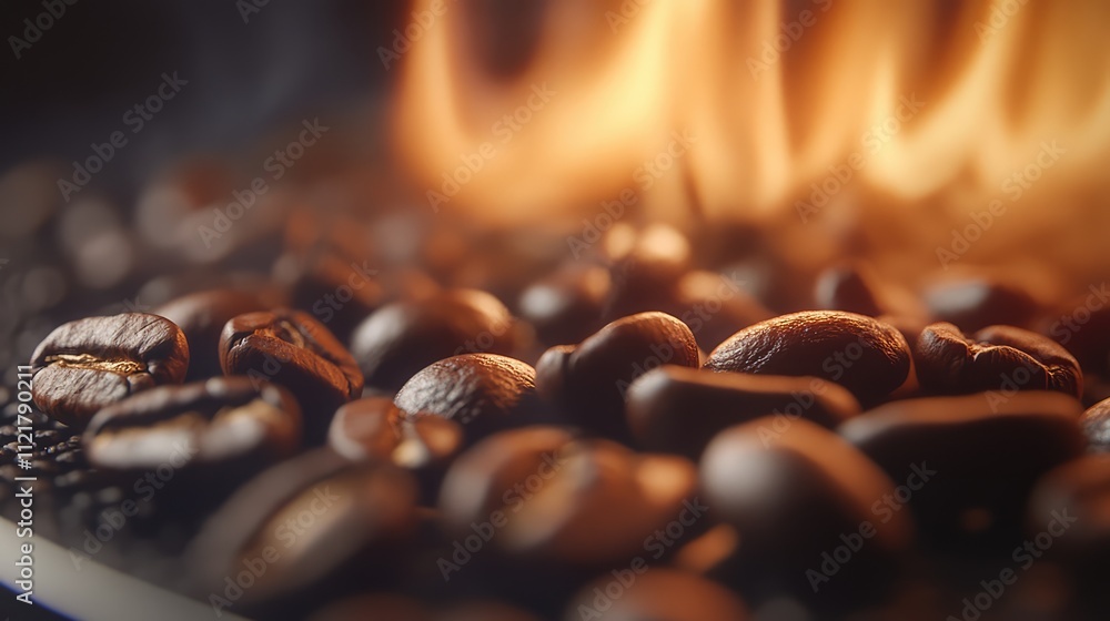 Poster close up of roasted coffee beans with a warm blurred background highlighting their rich texture and 