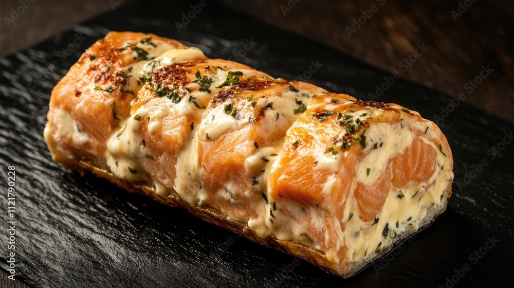 Poster delicious salmon roll with creamy cheese and herbs served on a rustic black slate board suitable for