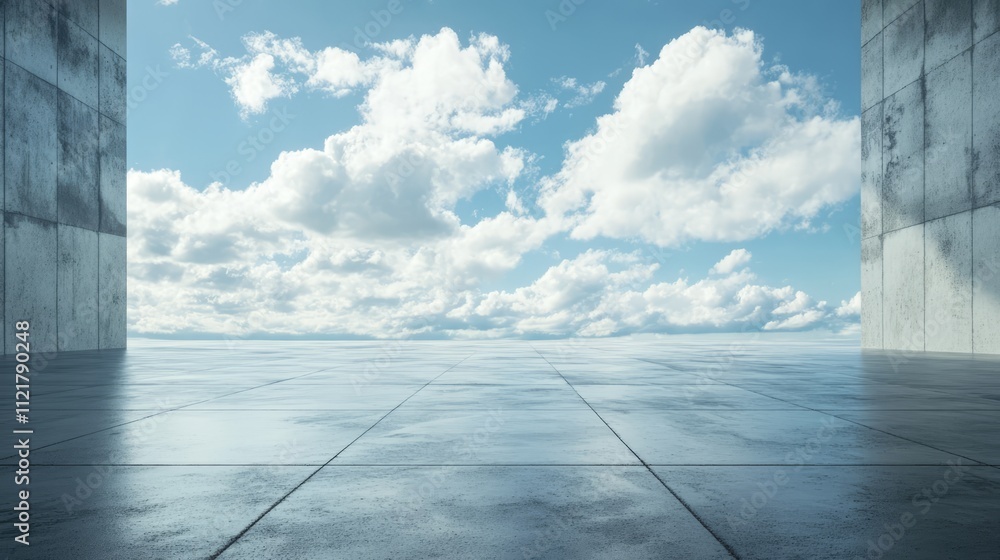Poster concrete floor overlooking a vast sky with clouds in an open minimalist space ideal for architectura