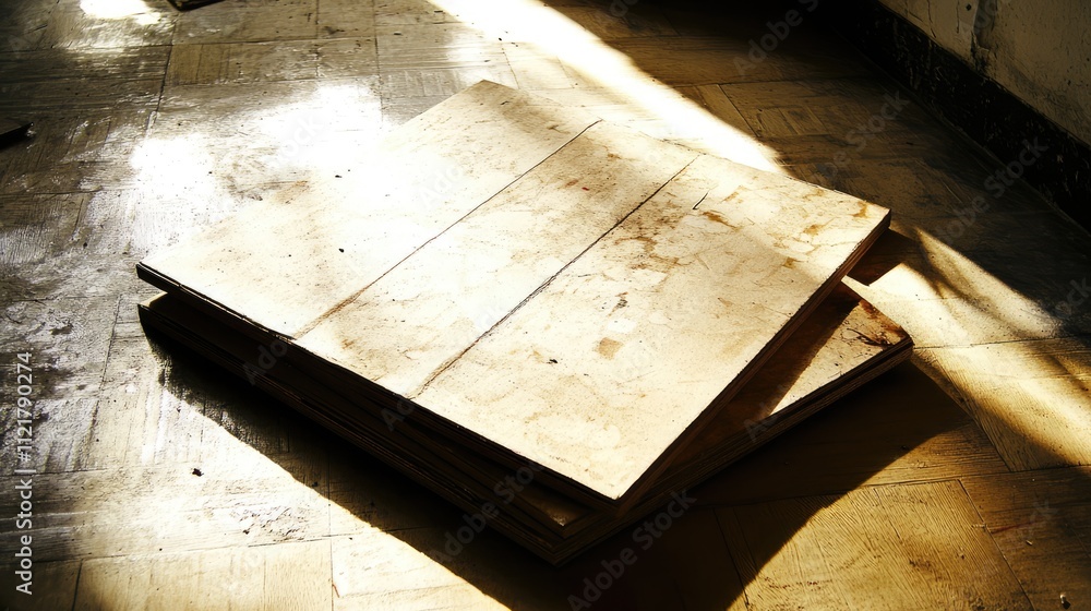 Aufkleber Sunlit scrap metal and chipboard stacked on a dusty floor highlighting textures and reflections in an urban environment