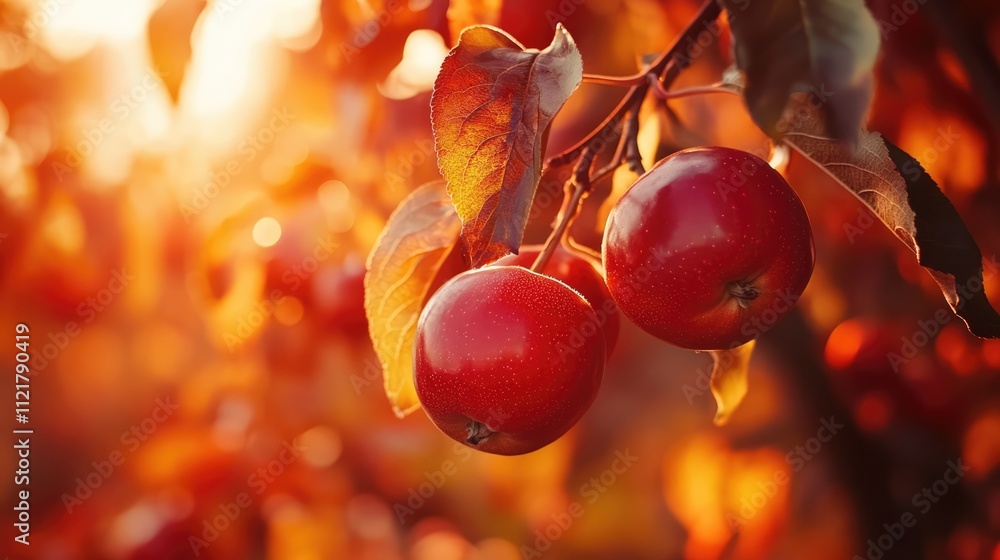Poster autumn sunlight shining on red plumleaf crab apple fruits with vibrant leaves on the branch creating
