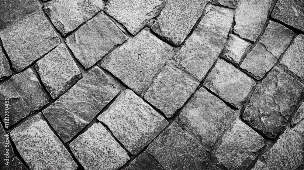 Poster textured black and white cobblestone pavement surface with intricate patterns and stone variations f