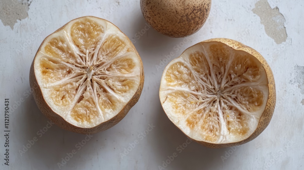 Poster Santol fruit halves displayed on a clean white background showcasing their unique texture and color for culinary or nutritional concepts.