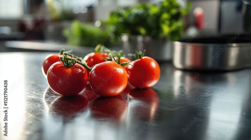 Aufkleber fresh red tomatoes arranged on a gleaming stainless steel surface with vibrant green herbs in the ba