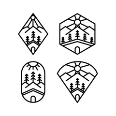 Fototapeta premium A collection of minimalist real estate and nature-themed logo designs. Featuring clean line art with elements such as mountains, pine trees, the sun, and pathways. Perfect for real estate businesses, 