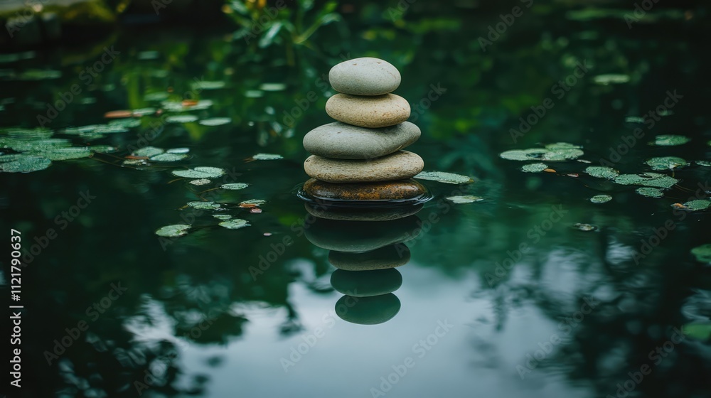 Aufkleber serene stack of pebbles reflecting in calm water surrounded by lush ivy and lily pads creating a tra