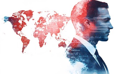 professional man wearing a suit, his profile merged with a digital world map showing market trends, symbolizing global financial planning. [men's]:[financial planning] 