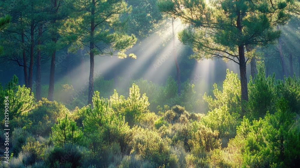 Poster sunlight filtering through pine trees highlighting vibrant green foliage in a serene spring forest w