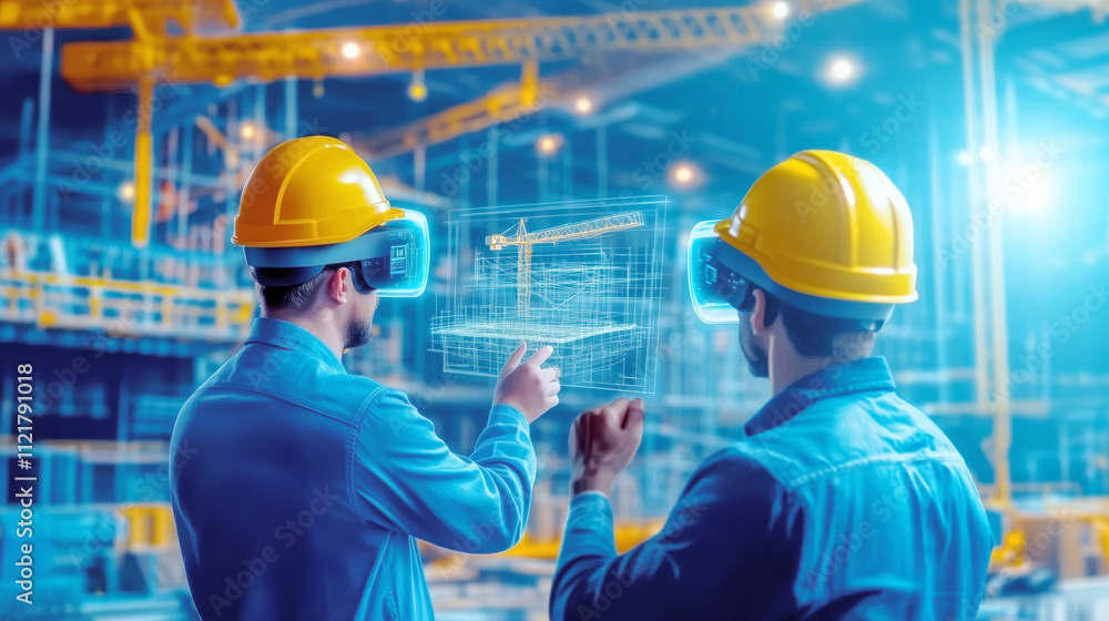 Poster construction workers using virtual reality for project planning