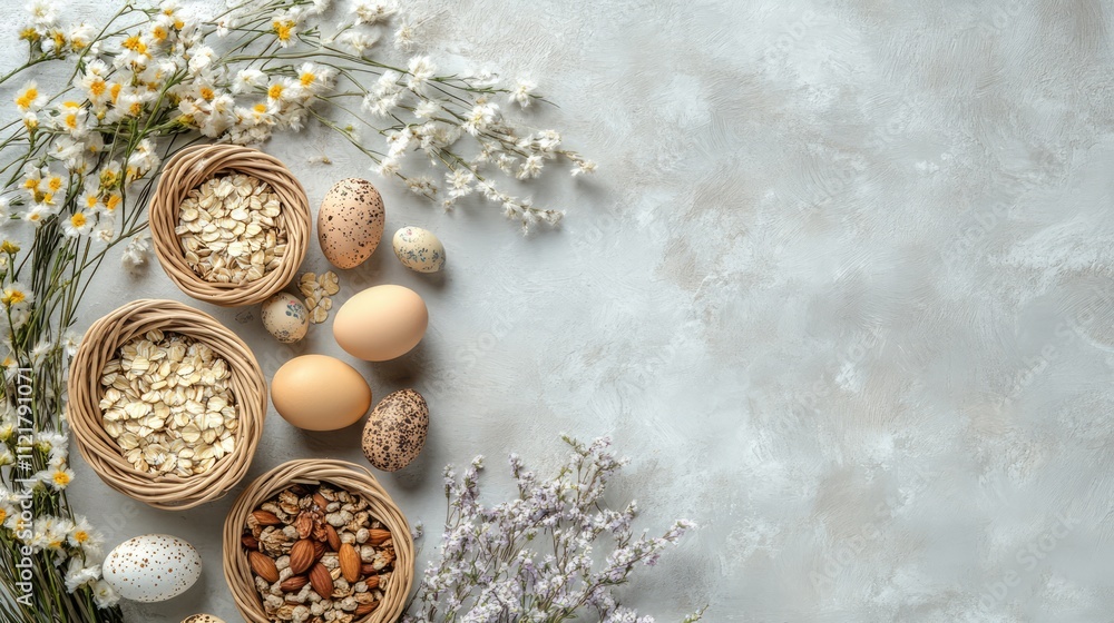 Poster spring easter basket with colorful eggs flowers and cereals on light concrete background flat lay co