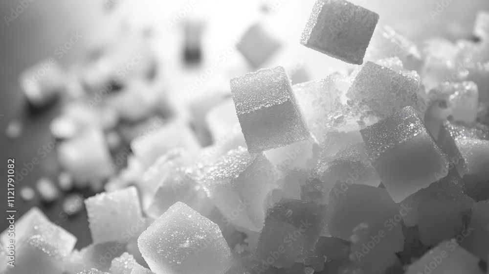 Poster white sugar cubes stacked and scattered on a gray background showcasing texture and contrast in a mo