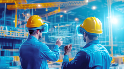 Construction workers using virtual reality for project planning