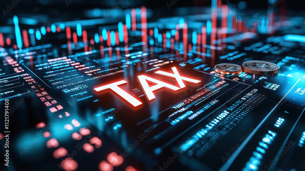 Poster futuristic dashboard displaying tax data with glowing elements and coins