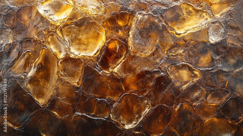 Poster textured surface of amber brown glass with organic shapes and reflections creating a rich visual dep