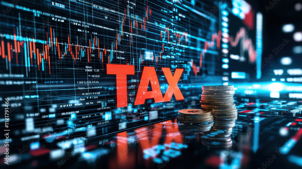 Poster futuristic dashboard displaying financial data with bold tax text and coins