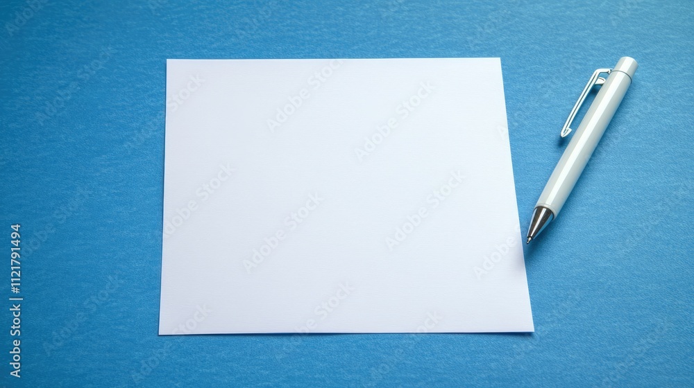 Poster Blank white paper and pen on a blue background for creative design and text use with ample space for customization and ideas.