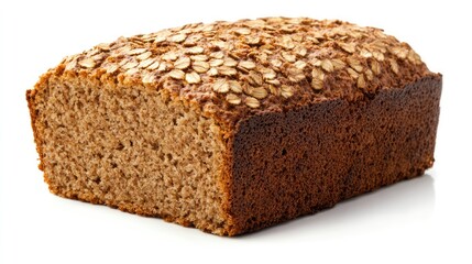 Wholemeal bread loaf topped with oats isolated on a white background showcasing its rich texture and nutritious ingredients