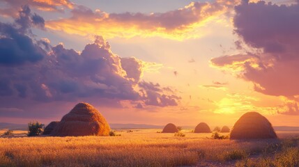 Fototapeta premium Sunrise over a tranquil field with haystacks and dramatic clouds creating a serene agricultural landscape for animal feed procurement