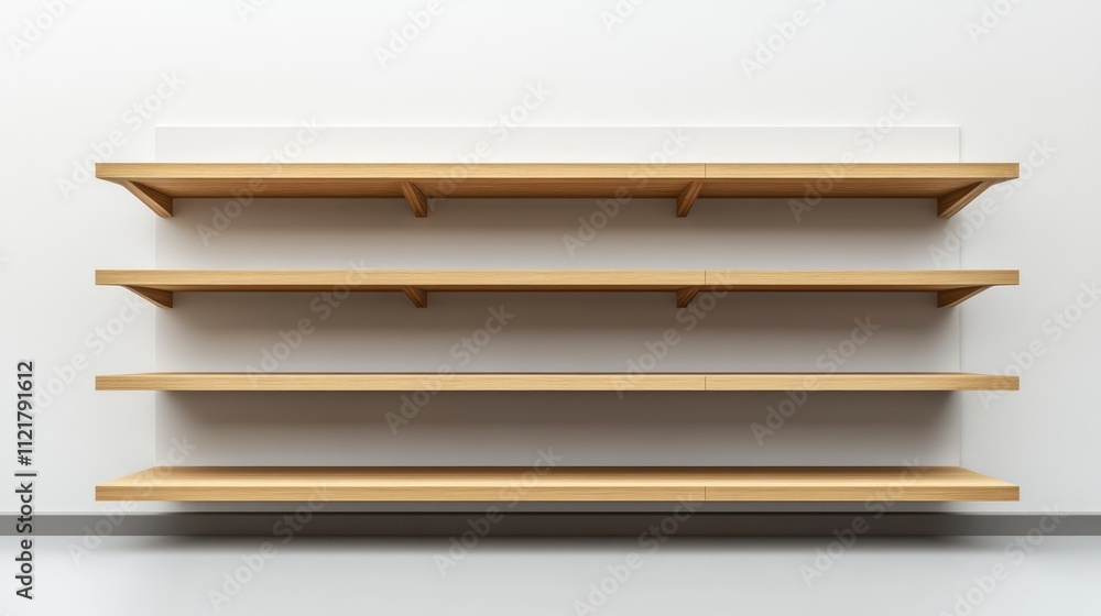 Poster wooden store shelves mockup ideal for displaying merchandise with empty spaces for custom branding a