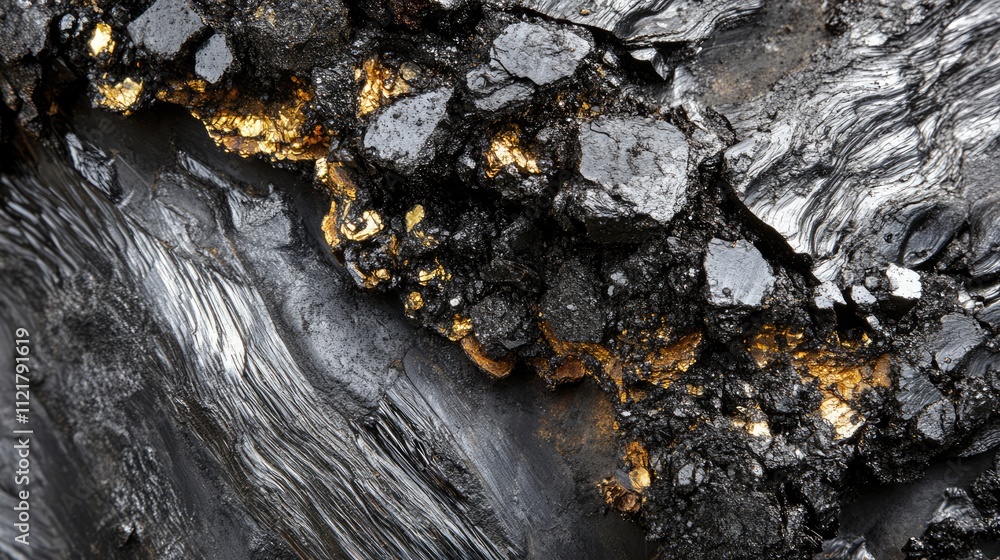 Poster Close-up of titanium ore with silicon fragments showcasing intricate textures and metallic highlights in a vertical frame composition