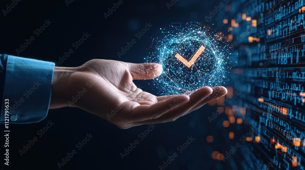 Poster hand holding glowing check mark symbolizing approval and verification in digital world