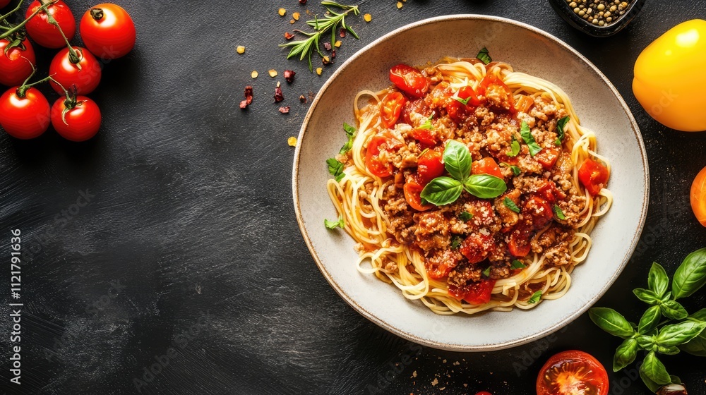 Poster Thai Style Noodles with Minced Pork Tomatoes and Fresh Basil Garnish on a Rustic Background