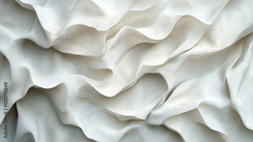 Aufkleber Abstract white fabric background with soft waves and curves creating intricate patterns and shadows in a crumpled texture design.