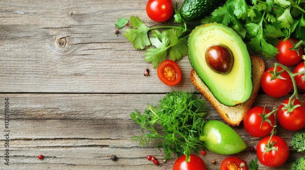 Aufkleber freshly prepared avocado toast with tomatoes and herbs on a rustic wooden table showcasing vibrant i