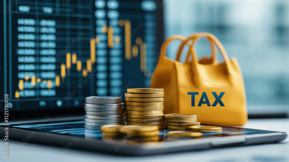 Poster modern app screen displaying tax information with coins and bag
