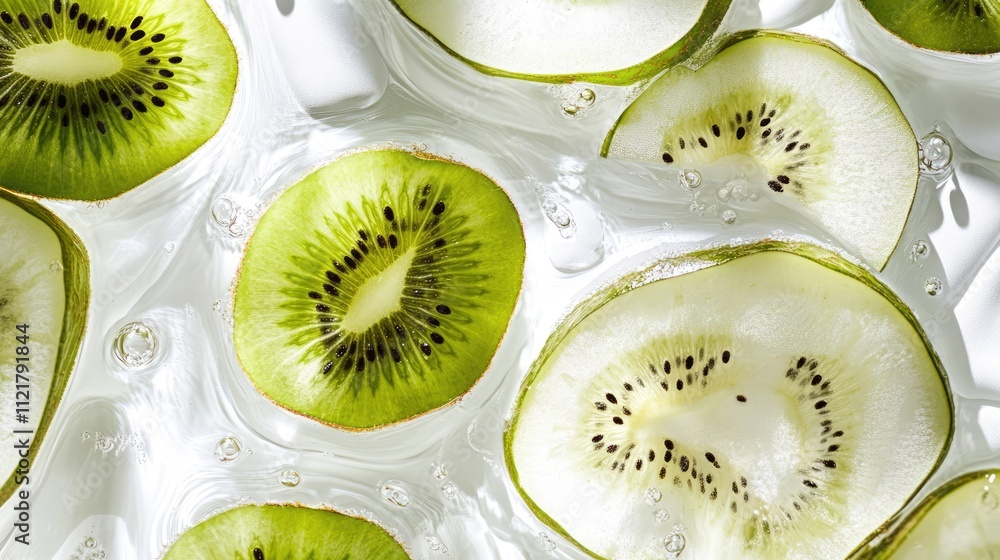 Poster sliced kiwi fruit submerged in water showcasing vibrant green color and refreshing texture against a