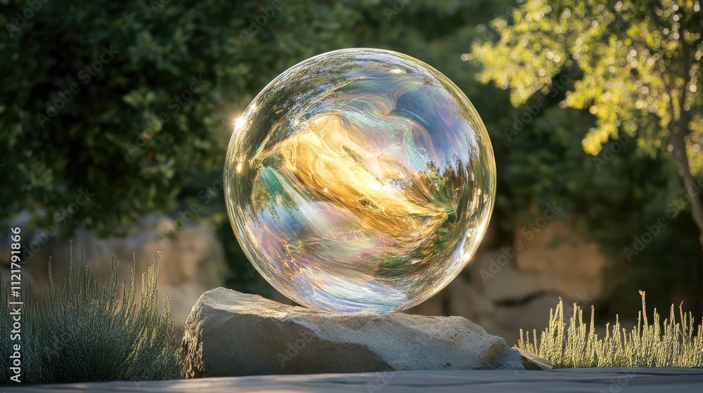 Poster Reflective soap bubble resting on a rock with vibrant colors and natural greenery in the background capturing light and texture.