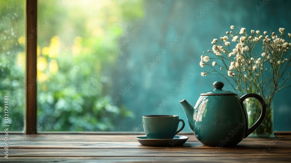 Poster Teapot and tea cup on a rustic wooden table with flowers in a serene setting, creating a cozy and inviting atmosphere.