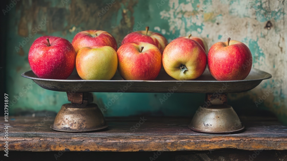 Poster apples of various colors arranged on a vintage tin scale against a rustic background showcasing fres