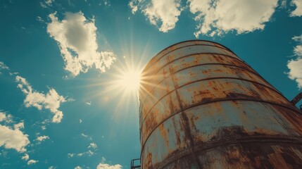 Sunlight illuminating a rustic metal silo against a bright blue sky with clouds creating a vibrant industrial landscape backdrop.