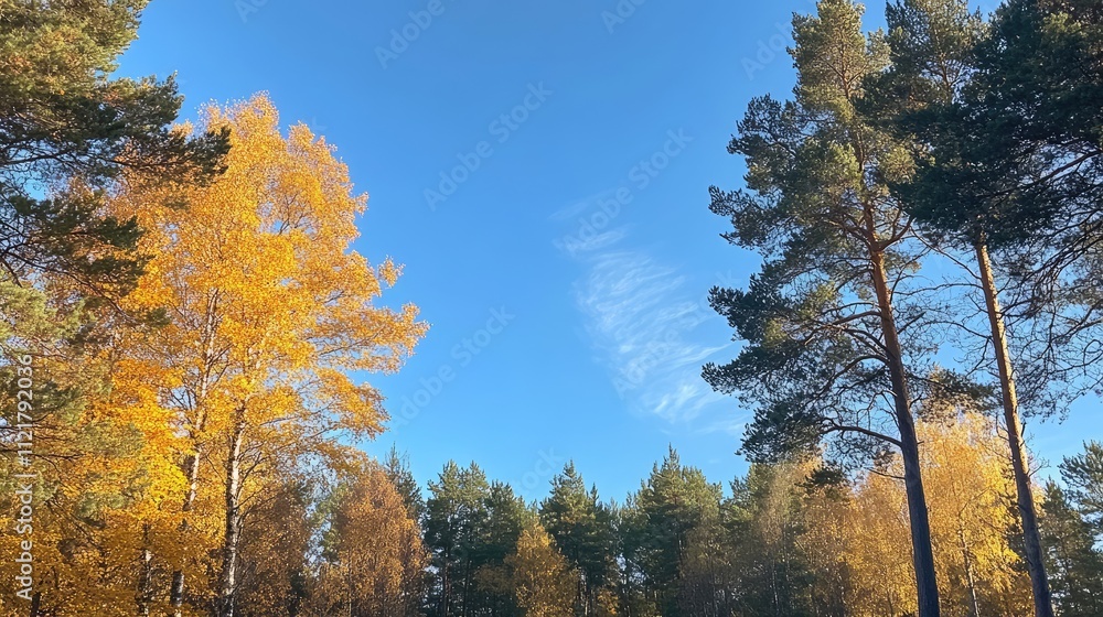 Poster autumn landscape featuring tall pine and vibrant maple trees under a clear blue sky in a serene swed
