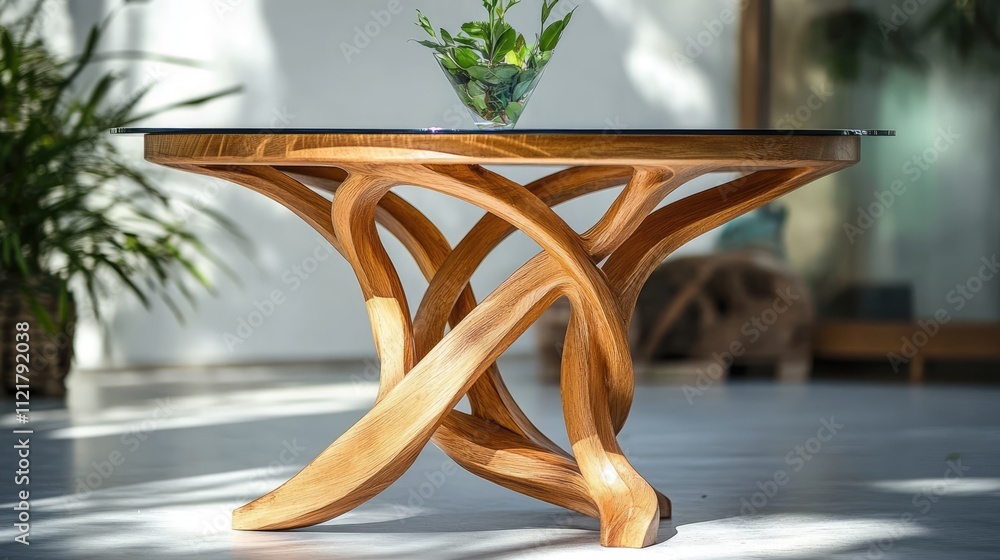 Poster elegant wooden table with artistic design featuring a solid glass top and a graceful wooden base in 
