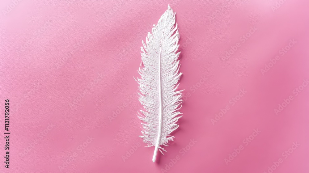 Poster White feather on pink background with soft texture, minimalistic aesthetic design for creative or artistic concepts.