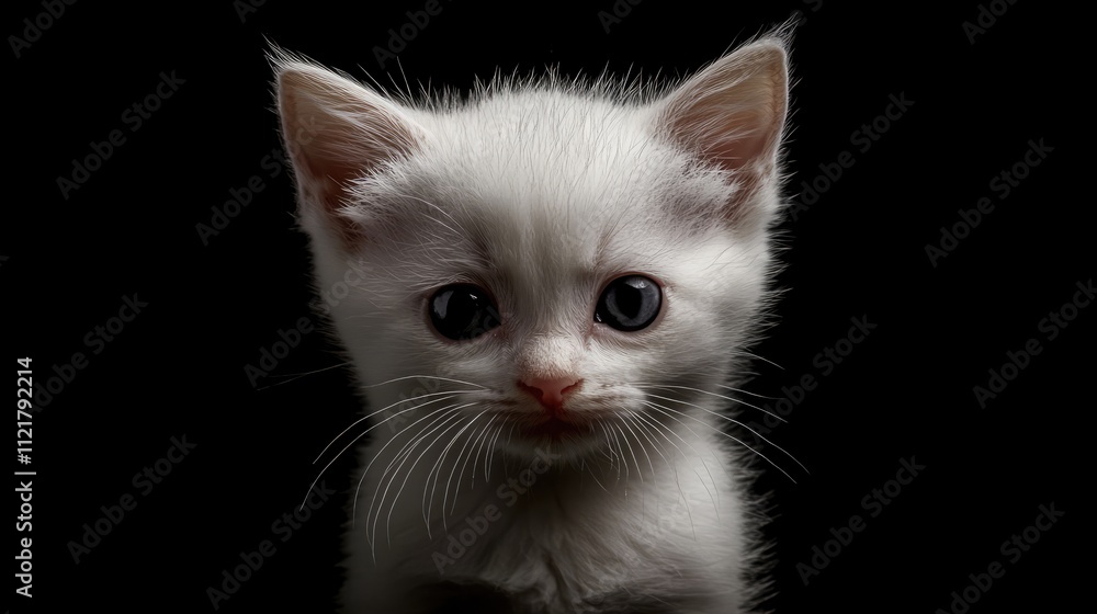 Poster cute white kitten with large expressive eyes against a dark background showcasing its adorable featu