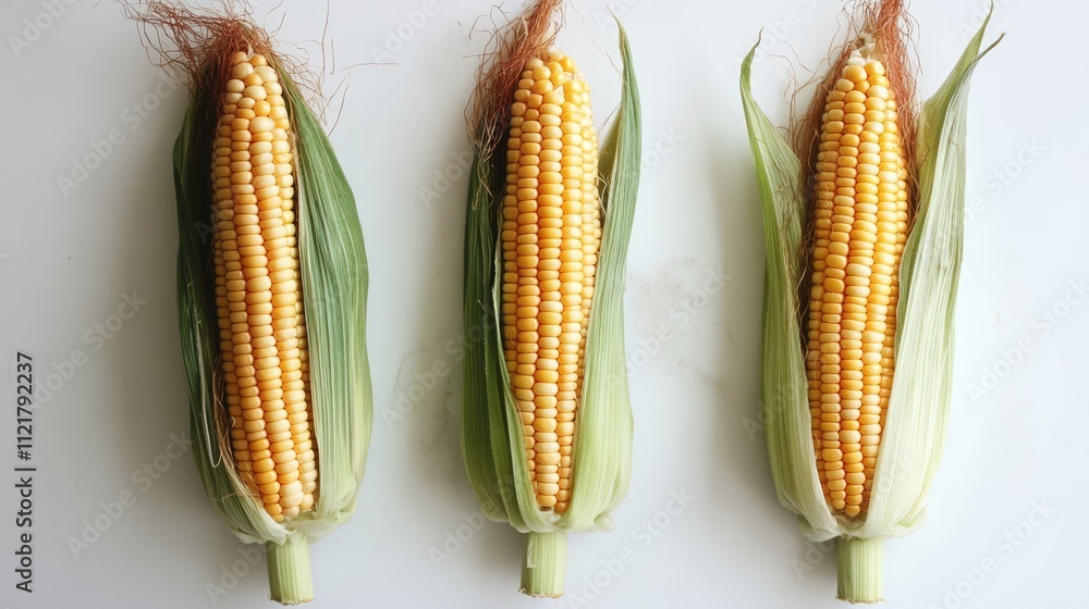Poster three ripe ears of corn with husks on a white background showcasing freshness and vibrant yellow ker