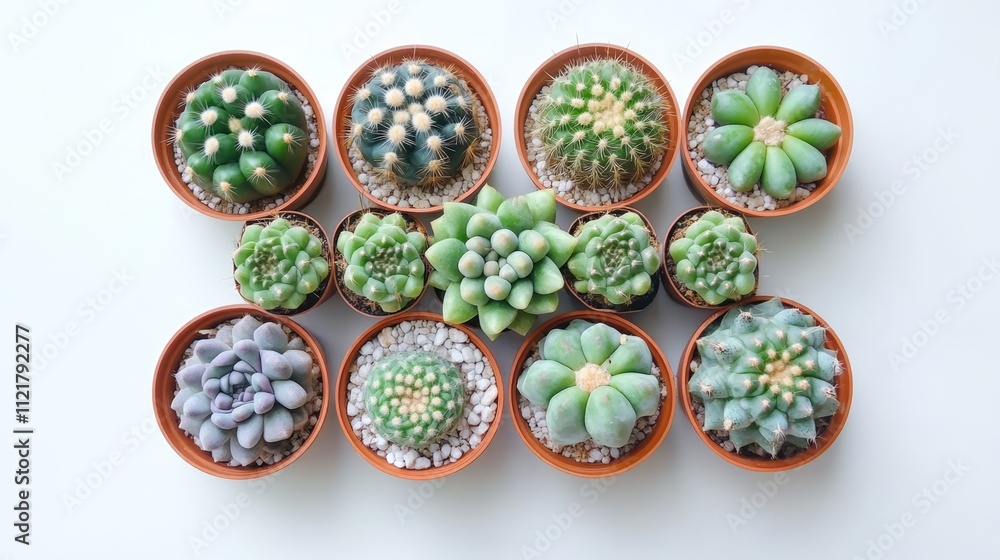 Poster Variety of small green cactus plants in terracotta pots displayed on a white background with ample copy space for design and text overlay
