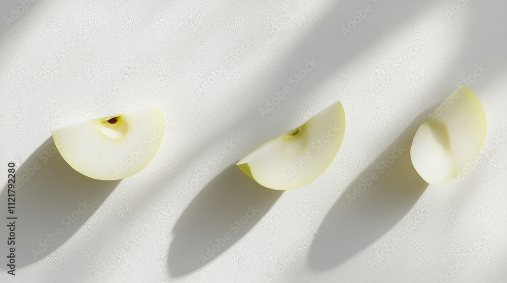 Poster Three slices of apple arranged on a minimalistic white background suitable for graphic design and creative projects.