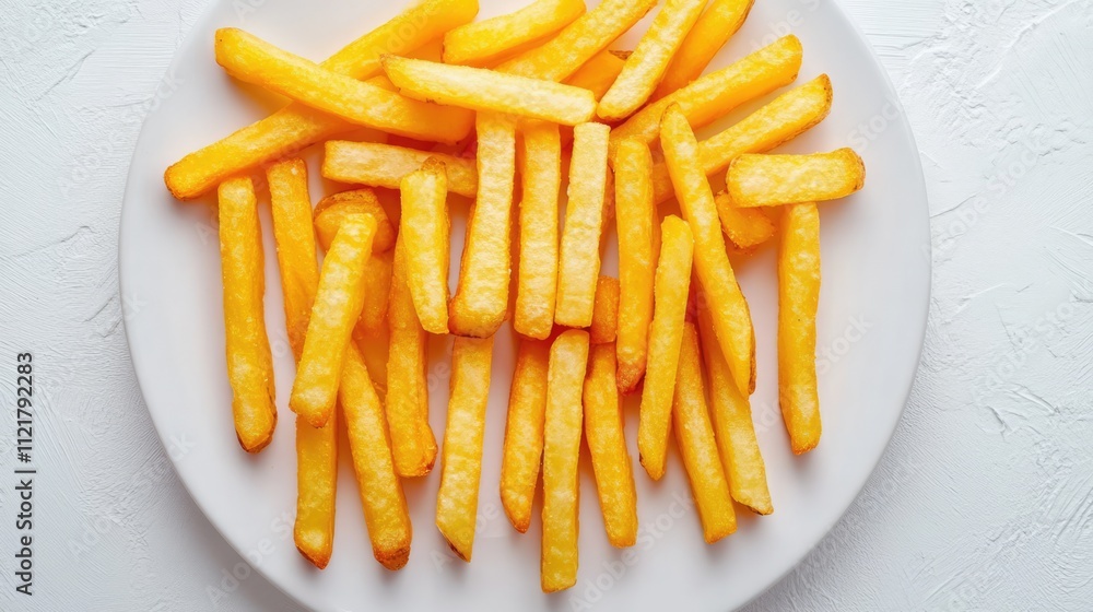 Poster Top view of plated french fries arranged to spell diet on a white background emphasizing healthy eating concept with ample copy space